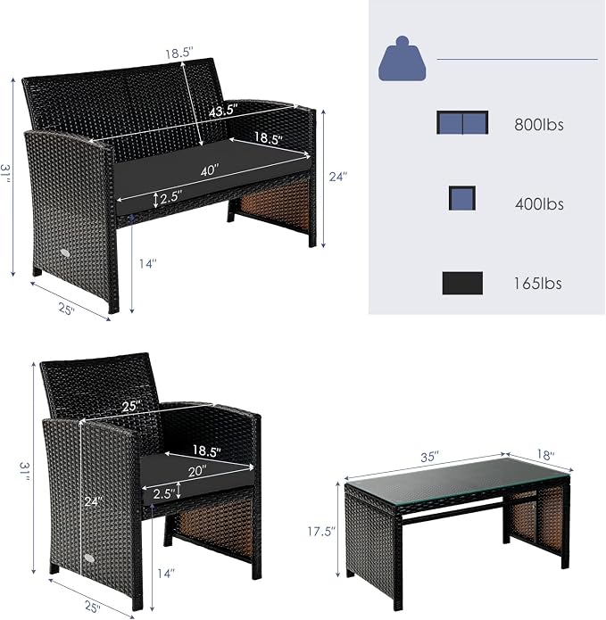 Tangkula 4 Pieces Rattan Furniture Set, Outdoor Conversation Set w/Chair & Loveseat & Tempered Glass Coffee Table, Suitable for Garden, Backyard, Poolside, Patio Furniture Set for 4 (2, Black)