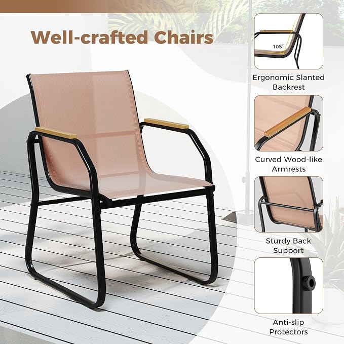 Tangkula 5 Pieces Patio Dining Sets, Outdoor Rectangular Dining Table & 4 Fabric Chairs with Wood-Like Armrests & Metal Frame, Patio Furniture Set for Garden Yard Porch Deck Poolside (Brown)