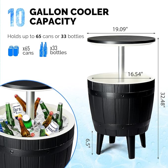 VINGLI Outdoor Cooler Table, Height-Adjustable Outdoor Cool Bar w/ 10 Gallon Beer and Wine Cooler, All-Weather Resistant Patio Cooler Ice Cool Bar for Deck Pool Party