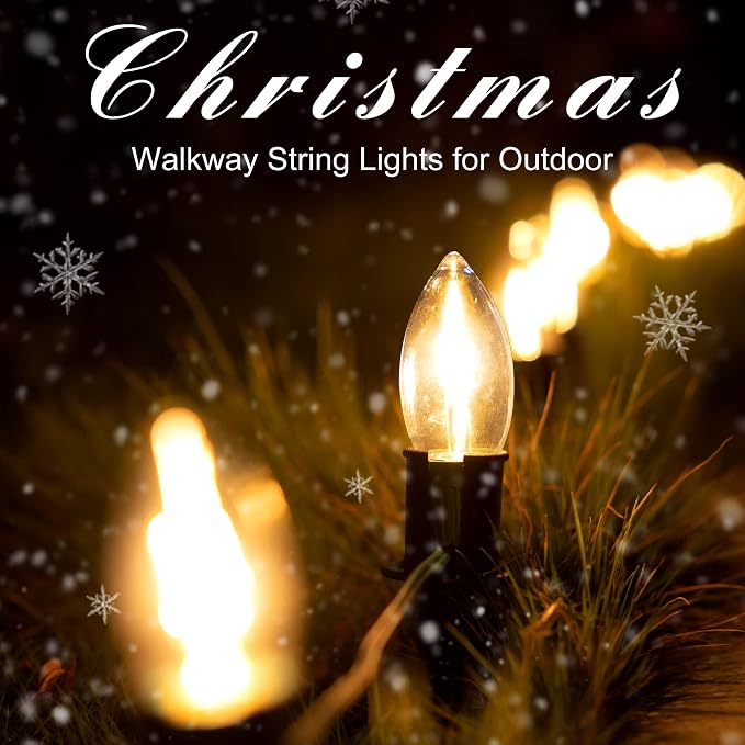 TIORIY Christmas Pathway LED Lights Outdoor, 20 Lights C9 Walkway Lights with Stakes, 24.2ft Clear Driveway Christmas Lights for Pathway, Warm White, Extendable for Outdoor Decorations