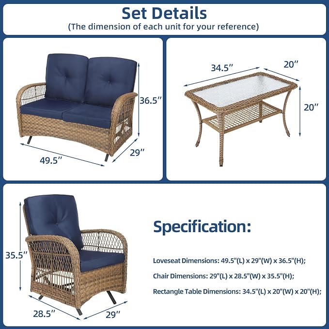 4-Piece Wicker Patio Furniture Sets Outdoor All-Weather Rattan Conversation Set Includes Glider Loveseat, Glass-Top Coffee Table, 2 Glider Rocker Chairs with Thickened Cushions, Navy Blue