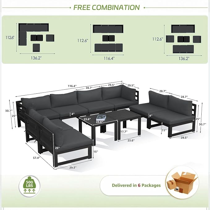 RADIATA 10 Pcs L-Shaped Contemporary Aluminum Outdoor Furniture Set, 29" Deep Wide Large Couch Set, 500 lbs High Weight Capacity Modular Patio Sectional Sofa with Side Table for Garden Yard, Dark Gray