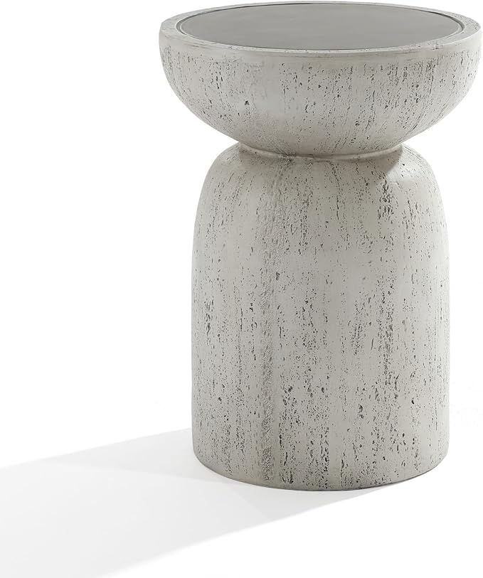 LuxenHome 20" Outdoor Side Table, MgO Rustic End Tables for Patio,Off White and Gray Weathered Round Table, Small Accent Table for Indoor Outdoor Use, Decorative Garden Stool