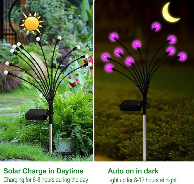 Kohlrabi Solar Garden Lights Outdoor, 6 Pack 48 LED Pink Firefly Lights Waterproof, Sway by Wind, Solar Swaying Light for Yard Patio Backyard Garden Planter Flower Bed Pathway Outdoor Decoration