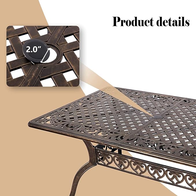 TITIMO 7-Piece Cast Aluminum Patio Dining Set, Outdoor Dining Furniture Patio Conversation Set, Rectangular Table w/Umbrella Hole for Backyard Deck (Khaki-Fixed Grid Chair+Swivel Grid Chair, 7 Pcs)