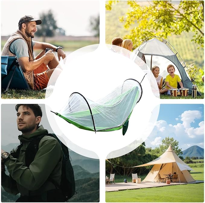 Heavy Duty Hammock with Mosquito Net–Canvas Hammock, Fade-Resistant Cotton Lounger, Roll-Free Comfort Design, Easy Setup for Backyard, Porch, Garden, Camping, Travel (Light Green)