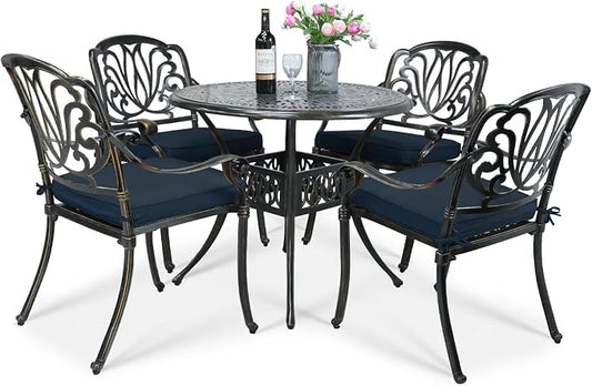 VIVIJASON 5-Piece Outdoor Patio Dining Set, All-Weather Cast Aluminum Conversation Set, Patio Furniture Set Include 4 Cushioned Chairs, a 35.4 inch Round Table w/Umbrella Hole, Navy Blue Cushion