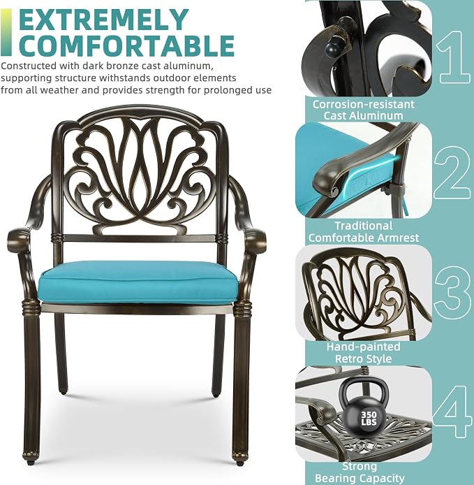MEETWARM 9-Piece Outdoor Furniture Dining Set, All Weather Cast Aluminum Patio Garden Set- 8 Cushioned Chairs, 61" Round Patio Dining Table with Detachable Lazy Susan, 2" Umbrella Hole, Ocean Blue