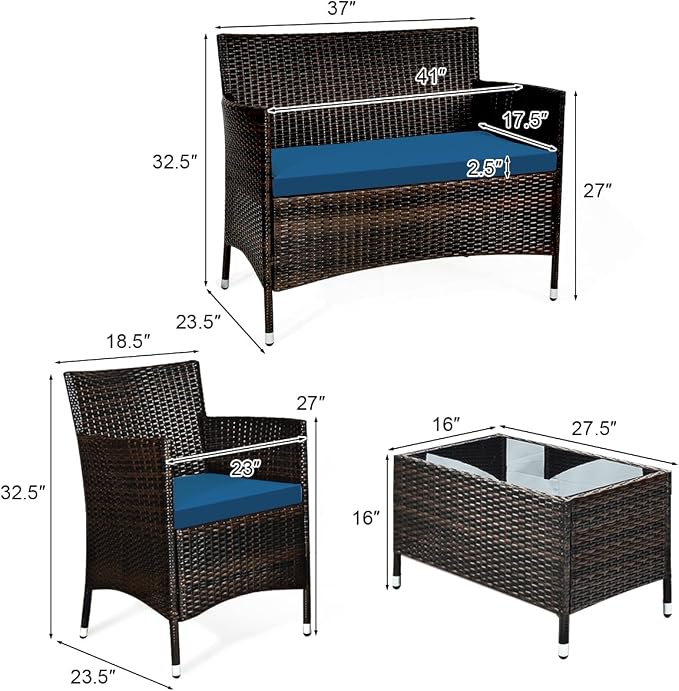 Tangkula 4 Pieces Patio Rattan Conversation Set with Tempered Glass Coffee Table & Thick Cushion, Wicker Set for Garden, Lawn, Poolside and Backyard