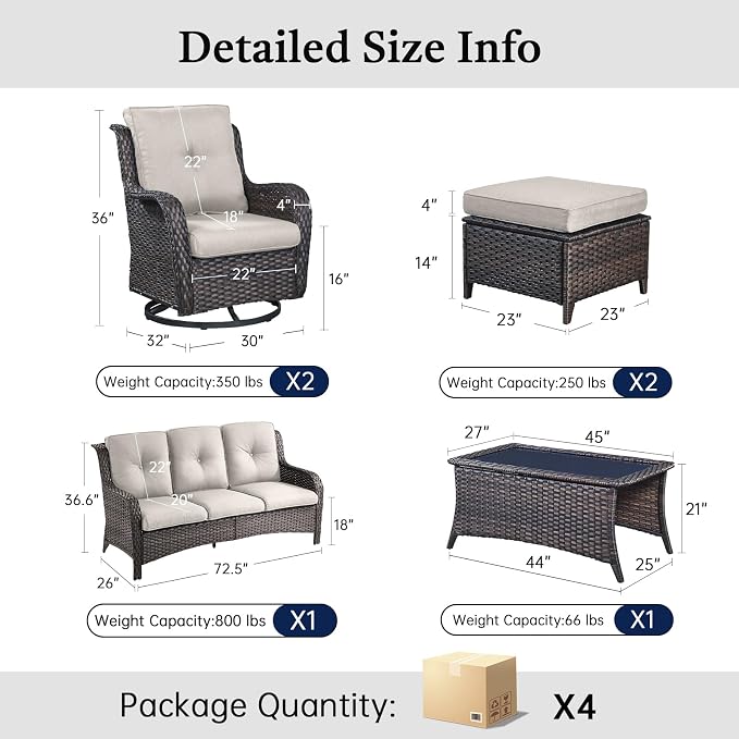 Opohoro 6 Piece High Back Patio Furniture Set - All Weather Patio Conversation Set with 4 Inch Thick Cushions and Deep Seating Swivel Glider Chairs & Outdoor Couch for Porch Deck Yard Pool Brown Beige