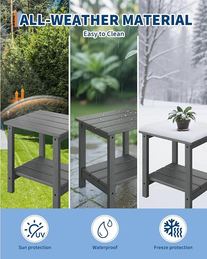 Takywep Adirondack Outdoor Side Table 18 x 15 in, HDPE 2-Tier Patio Side Table, All-Weather End Table for Patio, Pool Deck, Indoor & Backyard, Gray