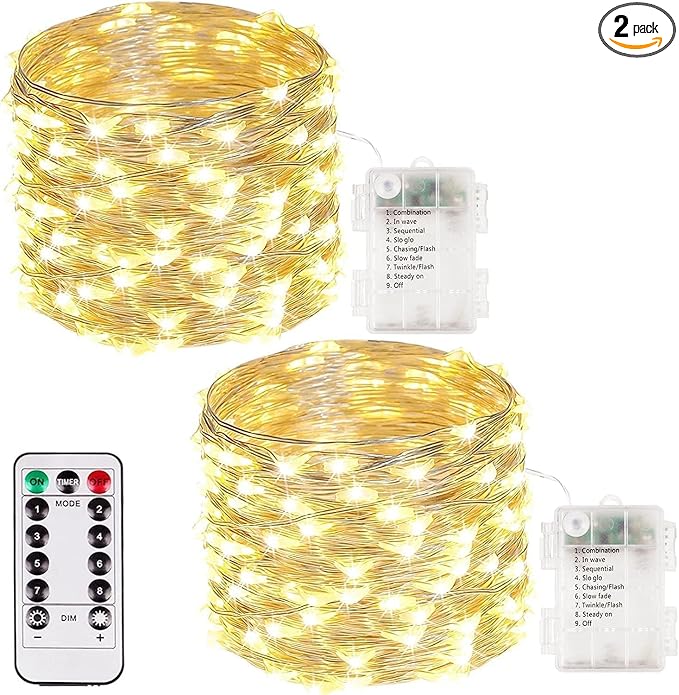 2 Pack Fairy Lights Battery Operated with Remote 33FT 50LED Warm White | Remote Control, 8 Modes, Timer, Adjustable brightness, Waterproof Lights for Indoor Outdoor Classroom Christmas Decor