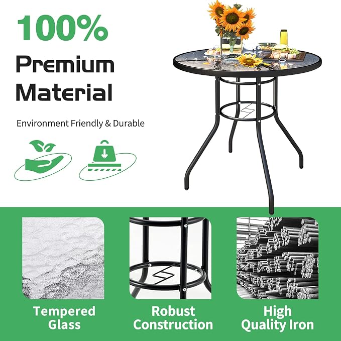 JINLLY 32 Inch Patio Table with Umbrella Hole, Round Glass Patio Table, Outdoor Bistro Dining Tables with Tempered Glass Tabletop and Metal Frame for Outside, Garden, Balcony