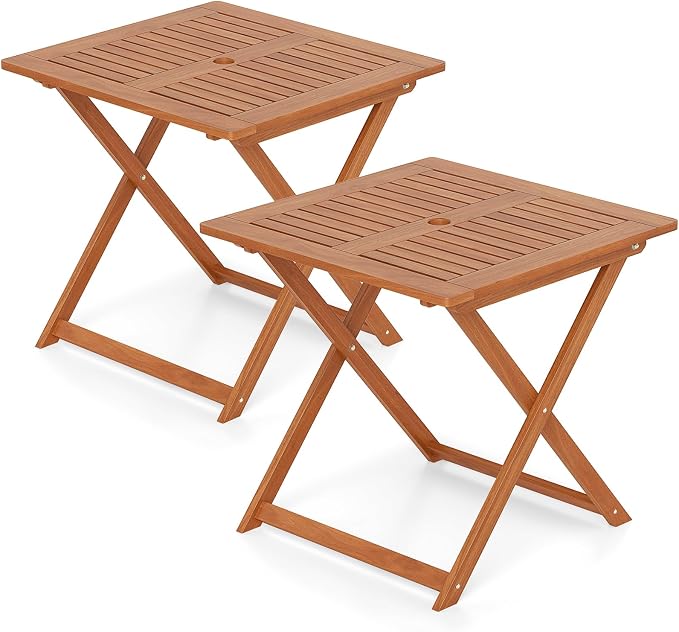HAPPYGRILL Folding Patio Dining Table Set of 2, Solid Wood Square Table for 4 with Slatted Tabletop & X-Shaped Support Legs, Space-Saving Design, for Yard or Deck