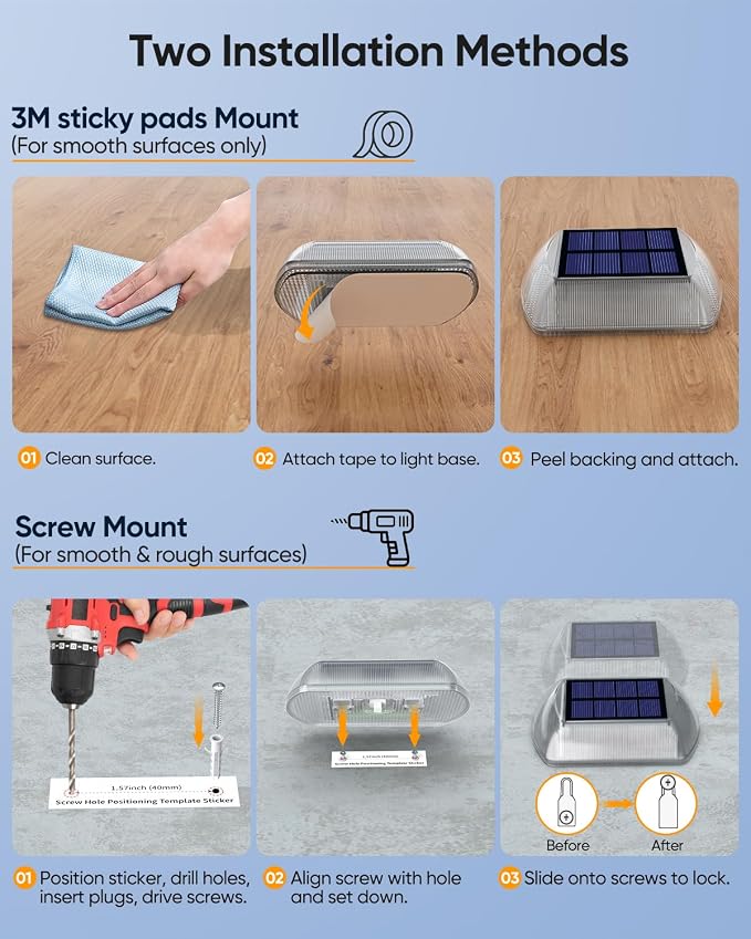 DetarZinLED Solar Driveway Lights Outdoor IP68 Waterproof Led 12 Pack White | Sturdy PC Shell, Stick on & Screw Mount, Markers Light for Outside Deck, Driveway, Step, Walkway, Patio, Pathway, Stair, pool