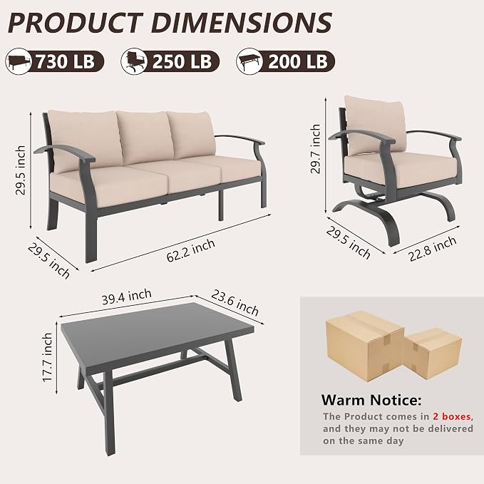 Metal Patio Furniture Set,4 Pieces 5 Seats Patio Sectional Outdoor Furniture Set with Rectangular Coffee Table,Patio Conversation Sets with 5.1" Thickened Cushions,SandSand