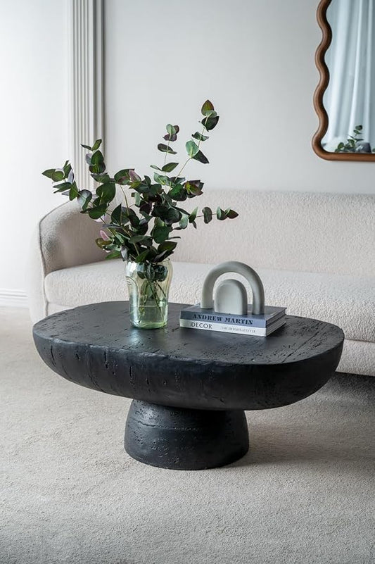 36" Faux Stone Coffee Table for Living Room Oval Coffee Table for Indoor or Outdoor, Modern Travertine Concrete Pattern Center Tables Side Tables, Magnesium Oxide, No Assembly,Black
