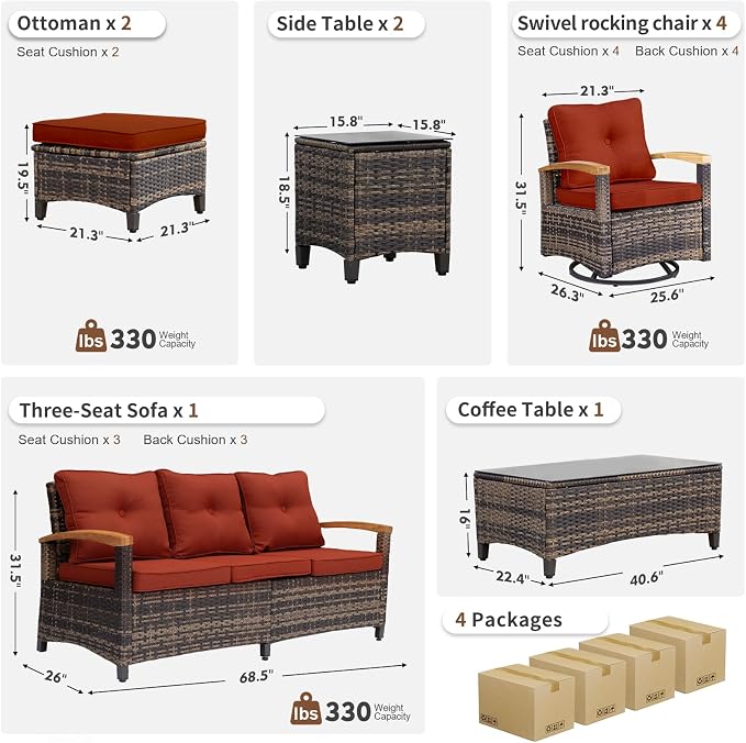 MEISSALIVVE 10 Pieces Patio Furniture Sets,Wicker Patio Conversation Sets with 4 Wood Armrests Swivel Glide Chairs, 2 Ottoman, 3-seat Sofa and Coffee Table (Red)