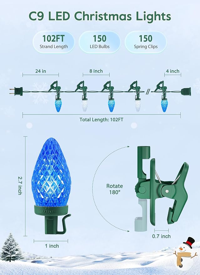 C9 Christmas Lights Outdoor, 102FT 150 LED String Lights with Spring Clips | Waterproof Connectable Commercial Grade Christmas Tree Lights for Outside Roofline Patio Yard Home Decor, Blue|Pure White