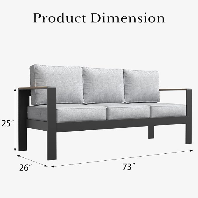 LayinSun Aluminum Outdoor Furniture Set 3 Seat Sofa, Outside Patio Deep Seating Conversation Set with Upgraded Washable Thick Cushion