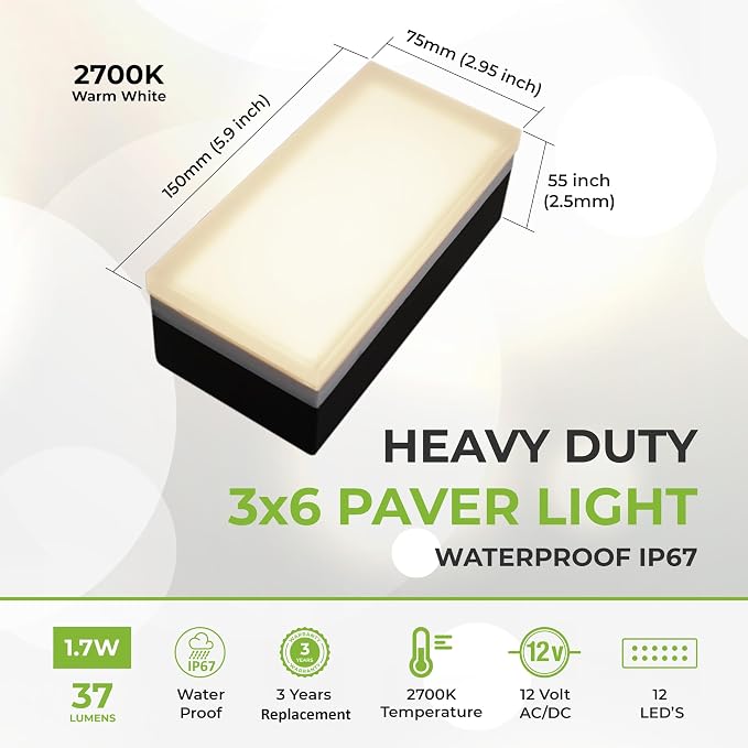 LUMENGY Paver Light 3×6 Inch (2.95 X 5.9), 2700K Warm White Glare-Free Illumination for Driveways, Pathways, Pool Deck & Patios, 12V AC/DC, Waterproof & Drive-Over Rated V2
