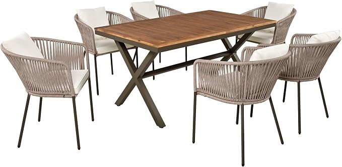 VilroCaz 7 Pieces Patio Dining Set, All-Weather Outdoor Conversation Set Gathering Set with Acacia Wood Tabletop and Metal Frame, Dining Table and Chairs for Garden Backyard Balcony (Beige Rope)
