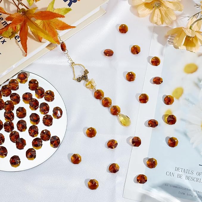 120Pcs 14mm Glass Octagon Crystal Beads 2 Hole Crystal Prism Beads Chocolate Chandelier Replacement Parts Links Suncatcher Faceted Spacer for DIY Lamp Hanging Pendant Jewelry Making Crafts