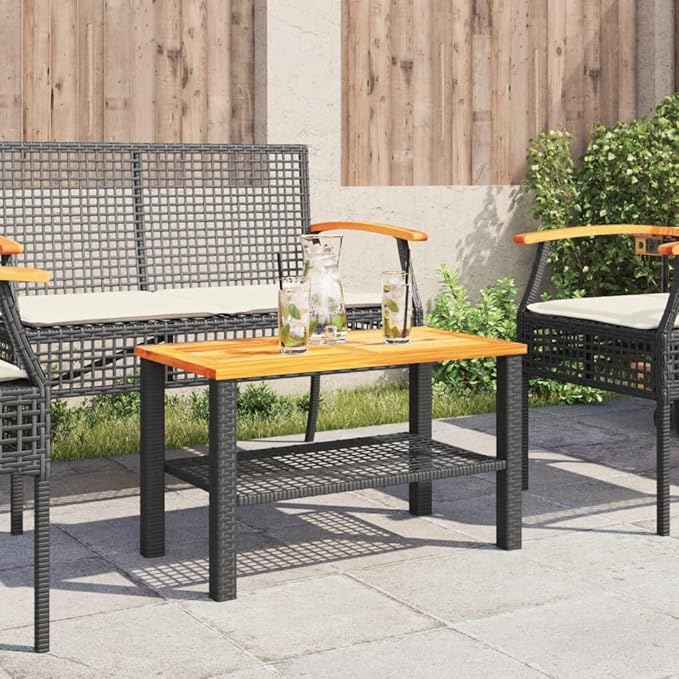 Black Poly Rattan Small Garden Table with Acacia Wood Top, 27.6"x15"x16.5" Patio Side Table for Outdoor Use