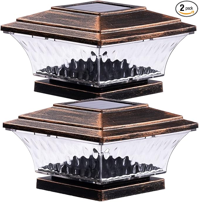 HUYIENO Solar Post Cap Lights Outdoor LED Lighting Deck Fence Cap Light Two Light Modes Warm White/Bright White Suitable for 4x4 Wooden Posts Brushed Copper 2PK