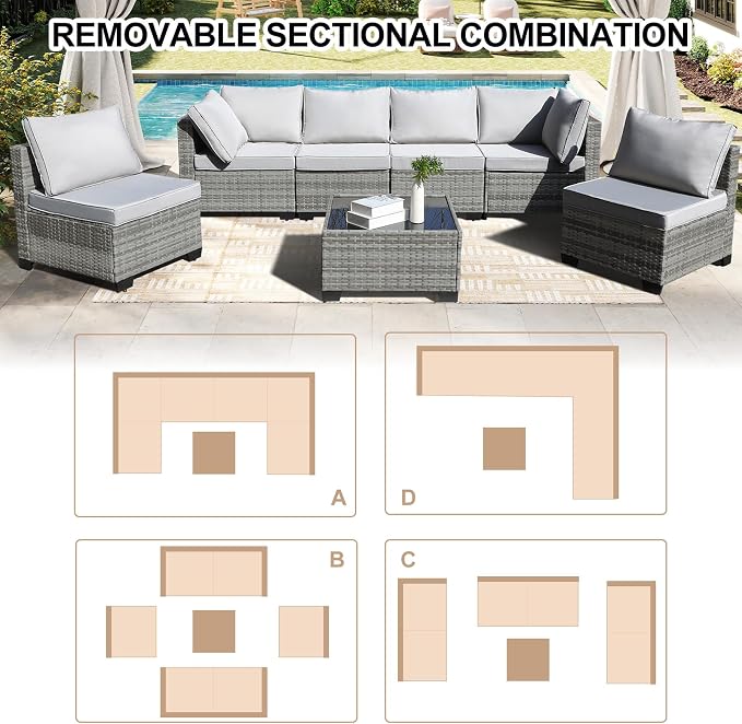 CANMOV 7 Pieces Patio Furniture Sets, All Weather Outdoor Patio Conversation Set, PE Wicker Rattan Sectional Sofa Couch Glass Coffee Table Washable Cushions for Backyard Garden, Poolside, Light Grey