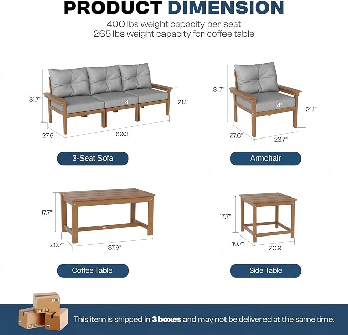 Teak HDPE Patio Sofa Set, 4-Piece Sectional Outdoor Patio Furniture Set, All Weather Outdoor Couch Set with Coffee Table & Washable Thick Cushions for Balcony, Porch, Poolside