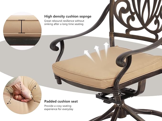 Grepatio 5 Piece Cast Aluminum Patio Dining Set, Outdoor Furniture Set with 4 Swivel Rocker Ding Chairs, 4 Cushions and 35.4" Square Patio Table with 2.4" Umbrella Hole, Antique Bronze (Khaki)