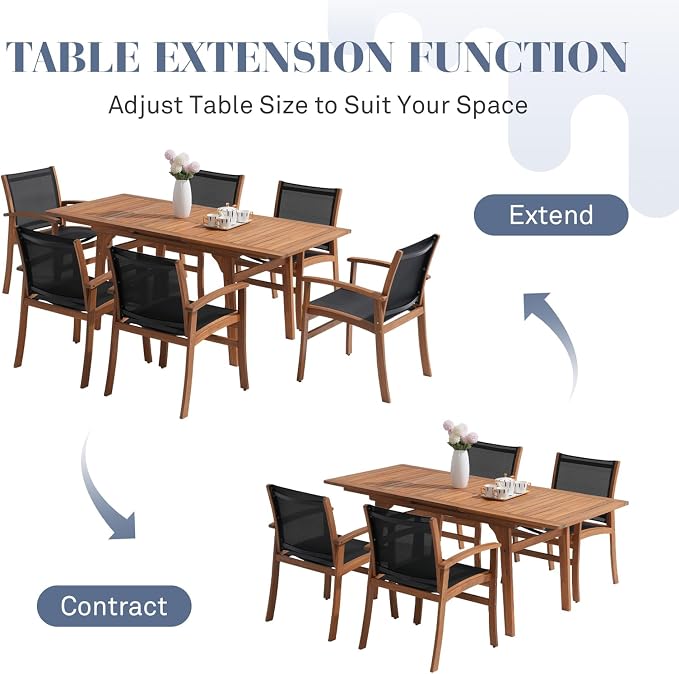 OC Orange-Casual Patio Furniture Set, Acacia Wood Patio Dining Set for 6-8, Outdoor Expandable Table and Chairs Set with Umbrella Hole and Breathable Textilene Fabric for Garden (Black, 7 Pieces)