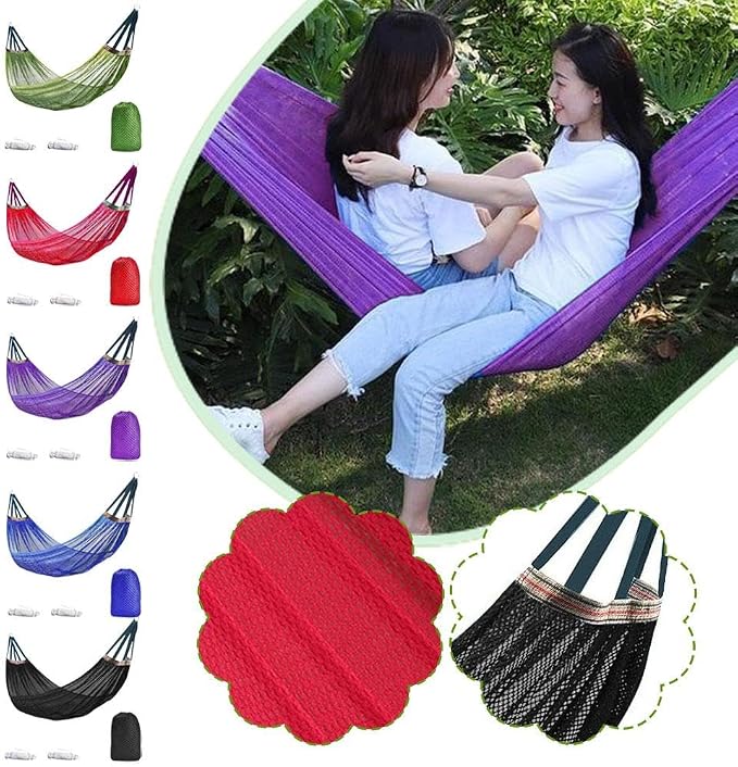 Outdoor Travel Camping Sport Hammock, Outdoor Sport Hammock Net Mesh Nylon Rope Sleeping Bed Swing with Hooks for Garden Beach Yard Travel (Red)