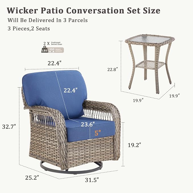 3 PCS Patio Swivel Rocking Chairs Set, Outdoor Wicker Furniture with 5-Inch Thick Olefin Cushions & Rattan Side Table, 360° Swivel Rocker Chairs for Garden, Porch, Backyard, Blue/Gray Wicker