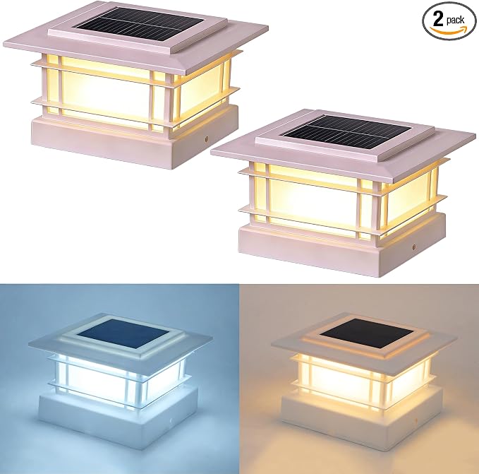 Dynaming 4x4 Solar Post Cap Lights Outdoor with 2 Color Modes, Fence Post Solar Lights White Shell Fit for Vinyl/Wooden Posts, High Brightness SMD LED Lighting Decor for Garden Deck Patio, 2 Pack
