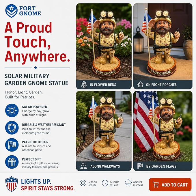 Military Garden Gnome Solar Statue – Patriotic Soldier Gnome | Memorial Day & 4th of July Outdoor Decor | Veteran Gift | Weatherproof Resin Garden Figure with American Flag for Yard & Lawn
