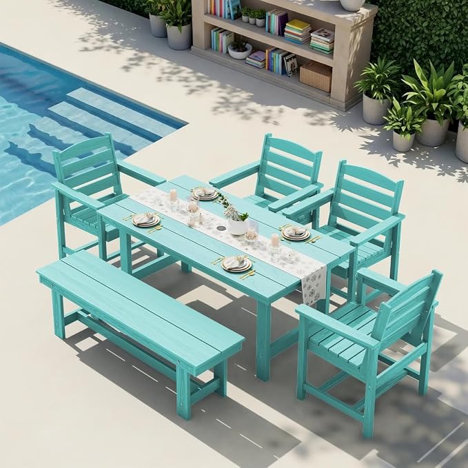 KINGYES 6-Piece Patio Dining Set, HDPE Outdoor Table and Chairs with Bench, Aruba