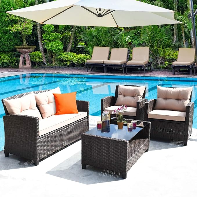 DORTALA 4 Piece Wicker Patio Furniture Set, PE Rattan Outdoor Conversation Sets with Loveseat, Chairs & Coffee Table for Backyard, Porch, Garden and Poolside, Brown