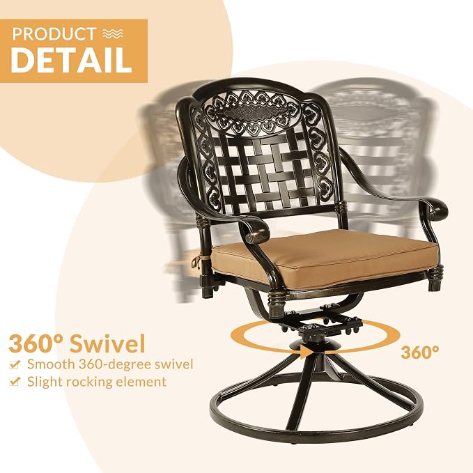 7-Piece Outdoor Patio Dining Set, 60” Rectangular Cast Aluminum Dining Table with Umbrella Hole and 4 Stationary, 2 Swivel Rocker Chairs, 6 Cushioned, Backyard, Patio, Garden
