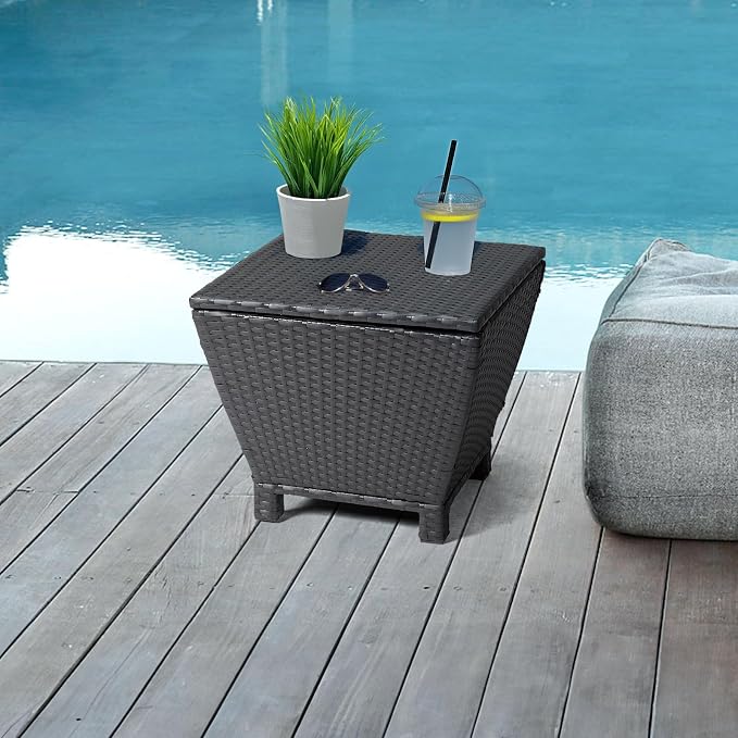 Outdoor PE Wicker Side Table with Storage, 13 Gallon Patio Storage Bin Container for Hose Cushion Towel, Rattan End Table for Backyard Garden Deck, 112 lbs Capacity, Black