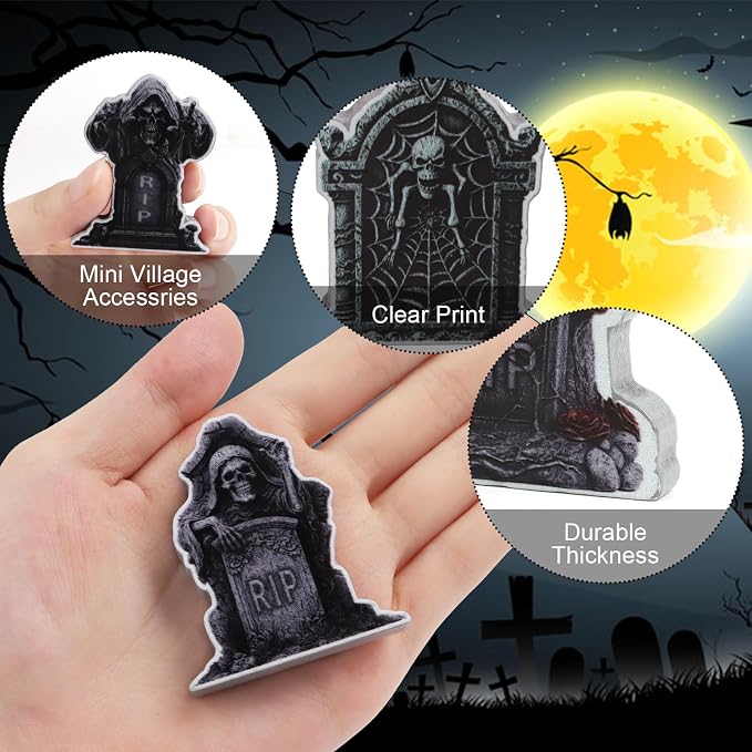 DIYASY 12 Pcs Halloween Miniature Tombstones Figurines, Mini Resin Graveyard Gravestone Tiny Village Headstones Accessories for Graves DIY Crafts Outdoor Home Fairy Garden Dollhouse Decor
