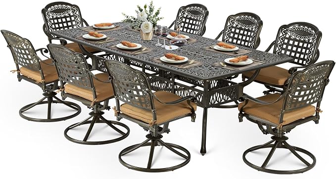 VIVIJASON 9-Piece Outdoor Dining Furniture Set, Cast Aluminum Patio Table & Chairs Set for 8, Include 94.5" Rectangular Dining Table and 8 Swivel Rocker Chairs with Umbrella Hole, Khaki Cushion