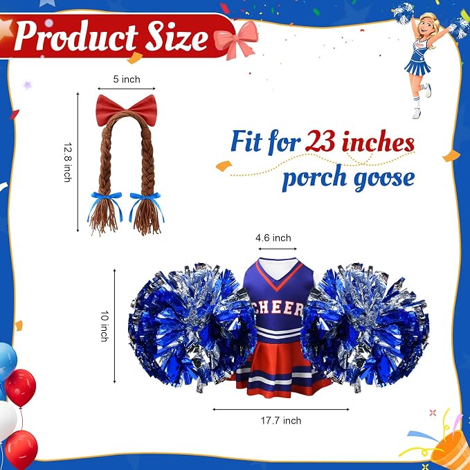 Cheerleader Porch Goose Outfits, Red Blue Goose Outfits for 23 Inch Porch Goose, Funny Goose Clothes with Pom Poms, Festive Porch Goose Decor for Sports Season and Game Day