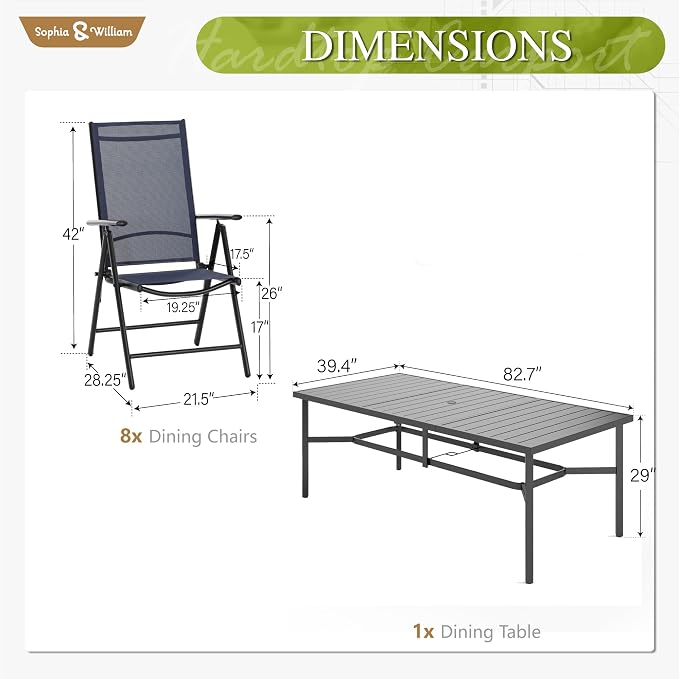 Sophia & William Patio Dining Set for 8 with Folding Chairs, Navy Blue | Light-weight & space-saving, Quick-drying, Rectangular, Umbrella Hole, Weather-Resistant, Adjustable, Outdoor deck