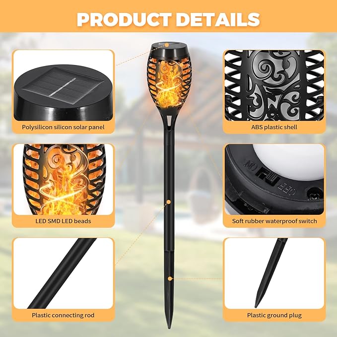 8 Pack Solar Lights Outdoor, Warm White Flickering Flame Torches | Warm White Flickering Flame, Long Nighttime Glow, Auto-On at Dusk, IP65 Weather-Resistant, Tool-Free Ground Setup