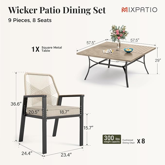 MIXPATIO 9 Pcs Outdoor Dining Set, 8 Rattan Fixed Chairs with Soft Cushion and 57.5" Square Table with Umbrella Hole, Patio Table and Chairs for Backyard Porch