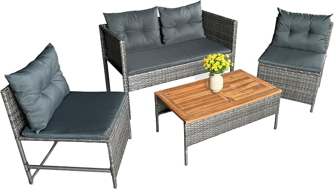 GIANGSUNNY 4 Piece Patio Furniture Set with Acacia Wood Table, Outdoor Hand-Woven Wicker Rattan Conversation Set, Weather-Resistant Seating for Patio, Balcony, Porch, Garden (Grey)