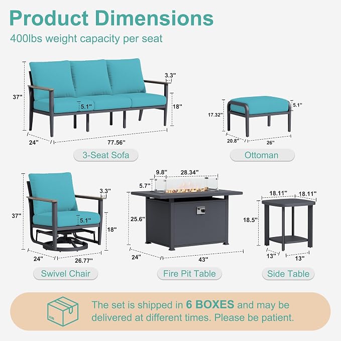 Aluminum Outdoor Patio Furniture Set with Swivel Rocking Chairs 9-Seat, Patio Sectional Sofa with Ottomans Patio Conversation Set with 55,000 BTU Fire Pit Table & High Backrest, Turquoise