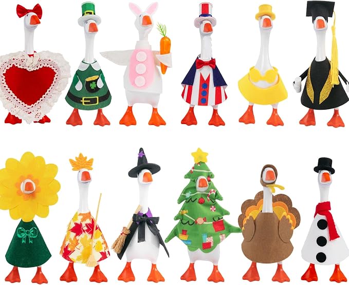 12 Set Holiday Mini Desk Goose Outfit 7 Inch Desktop Magnetic Goose Clothes | Summer Fall Halloween Christmas Winter Magnetic Geese Statue Felt Fabric Costume for Table Decor Gifts